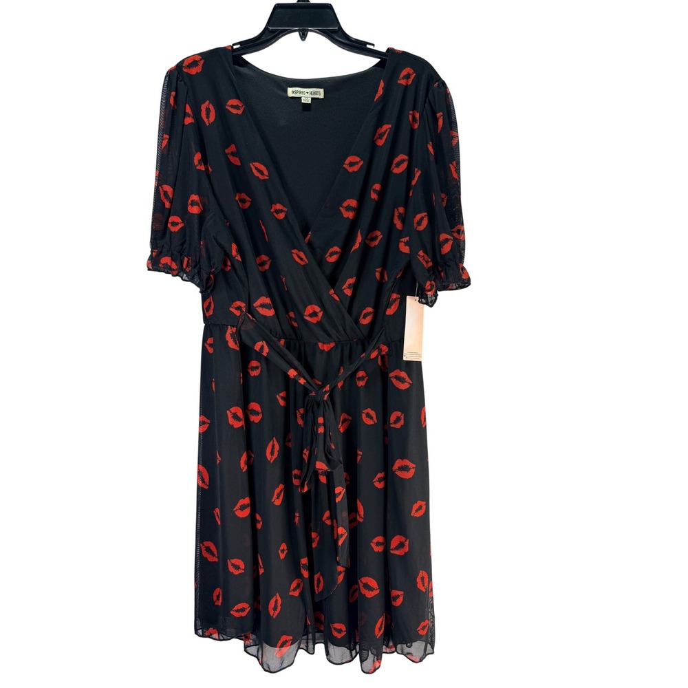 Womens Faux Wrap Dress 3X Black Red Lips Print Belted Lined V-Neck Rockabilly